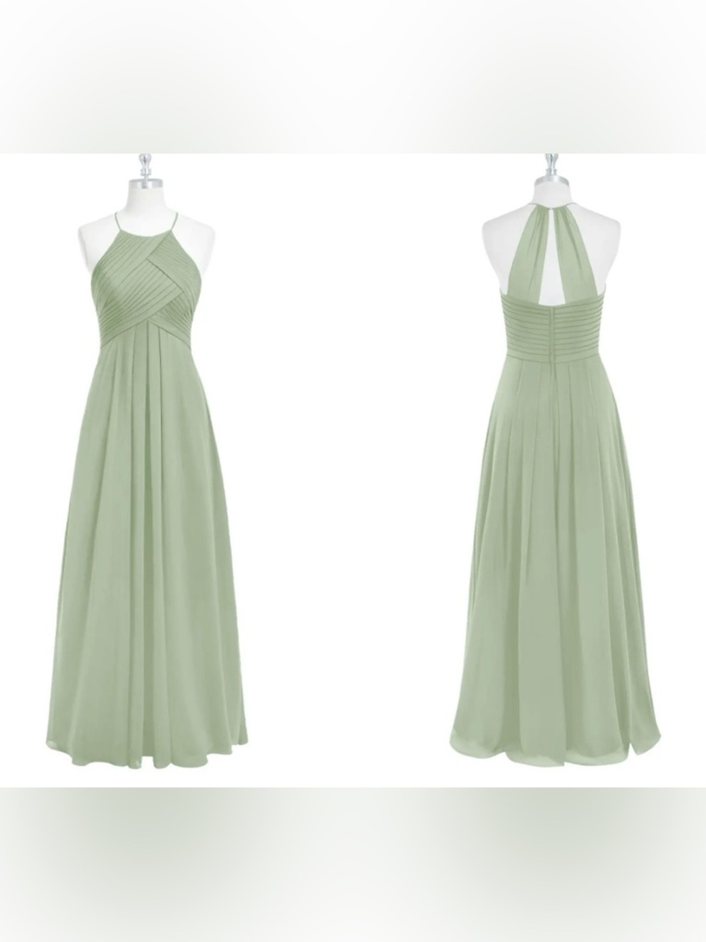 Azazie Ginger bridesmaid/ prom Halter Neck Sage Green Chiffon Maxi Dress size 8